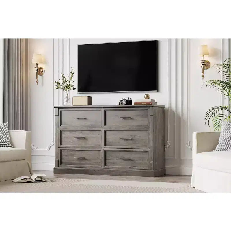 Commode marron à 6 tiroirs pour chambre à coucher, grande commode double de style fermier avec poignées en métal, commode rustique en bois pour salon, couloir