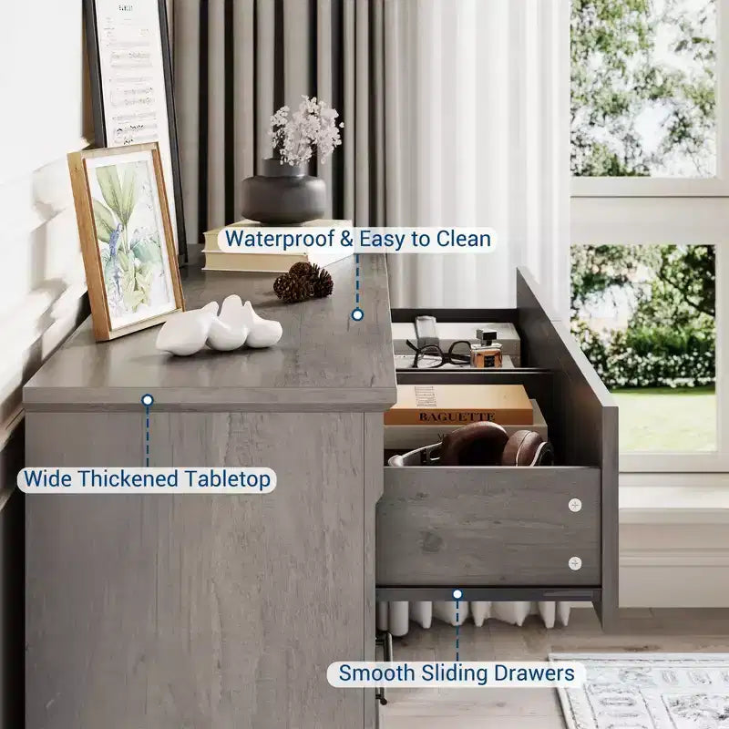 Commode marron à 6 tiroirs pour chambre à coucher, grande commode double de style fermier avec poignées en métal, commode rustique en bois pour salon, couloir