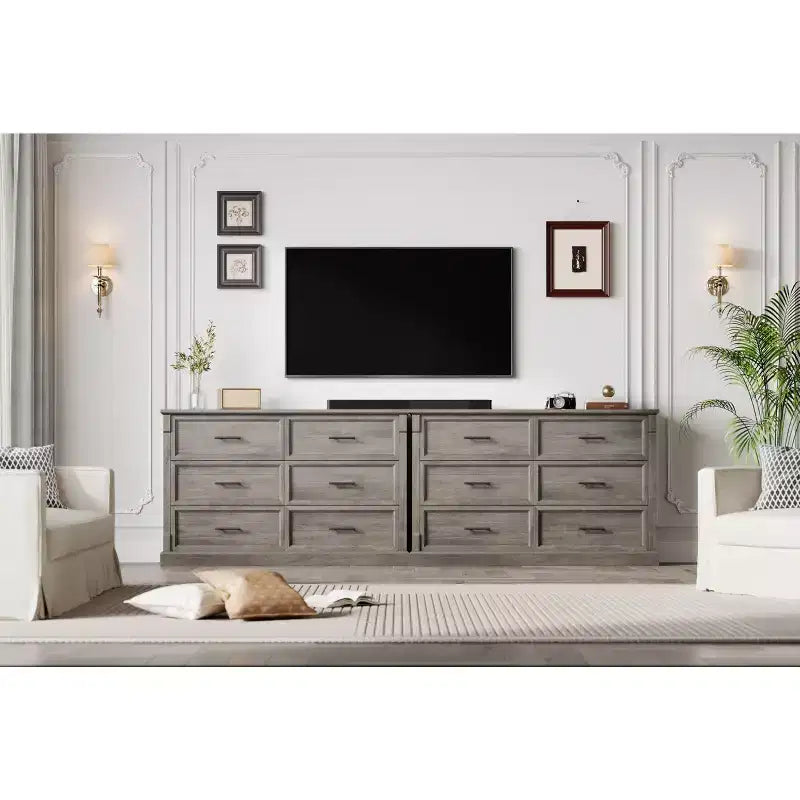Commode marron à 6 tiroirs pour chambre à coucher, grande commode double de style fermier avec poignées en métal, commode rustique en bois pour salon, couloir
