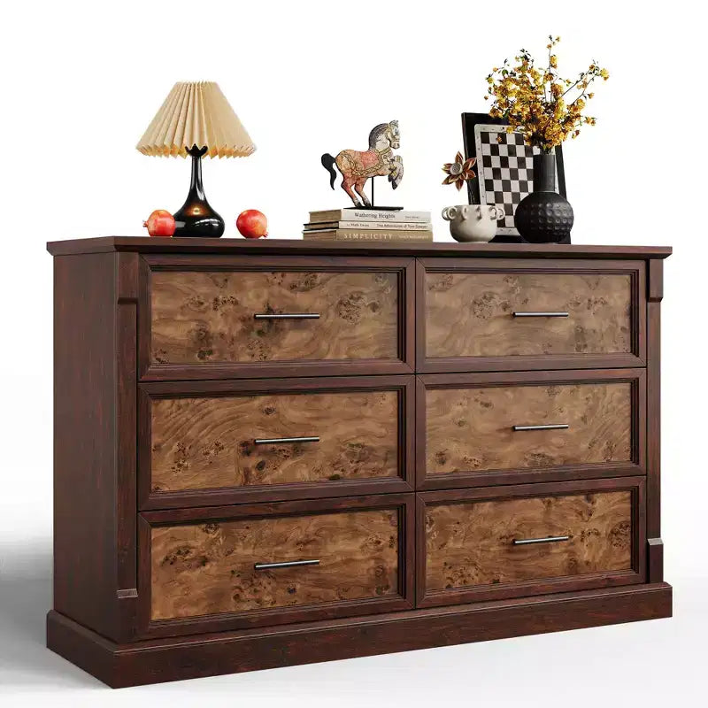 Commode marron à 6 tiroirs pour chambre à coucher, grande commode double de style fermier avec poignées en métal, commode rustique en bois pour salon, couloir