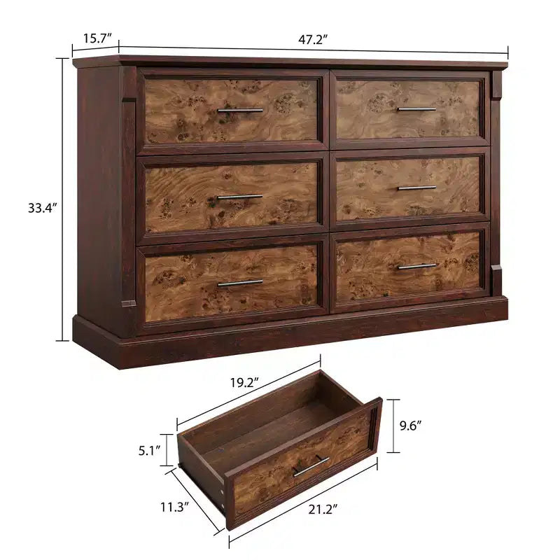 Commode marron à 6 tiroirs pour chambre à coucher, grande commode double de style fermier avec poignées en métal, commode rustique en bois pour salon, couloir