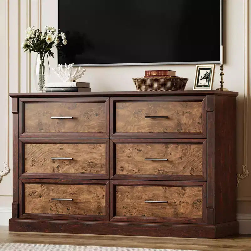 Commode marron à 6 tiroirs pour chambre à coucher, grande commode double de style fermier avec poignées en métal, commode rustique en bois pour salon, couloir