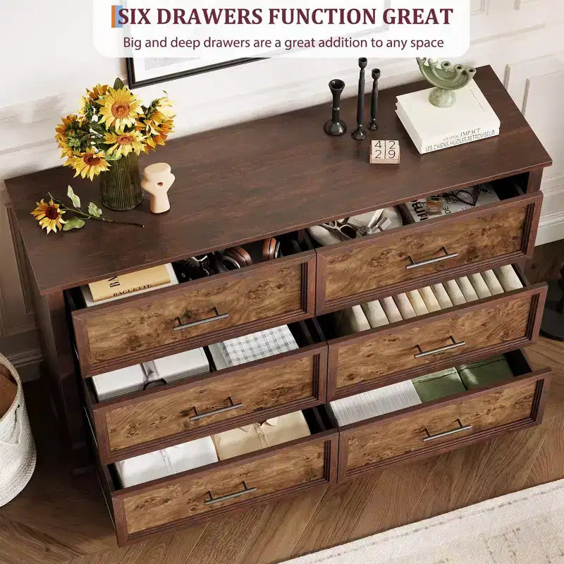 Commode marron à 6 tiroirs pour chambre à coucher, grande commode double de style fermier avec poignées en métal, commode rustique en bois pour salon, couloir