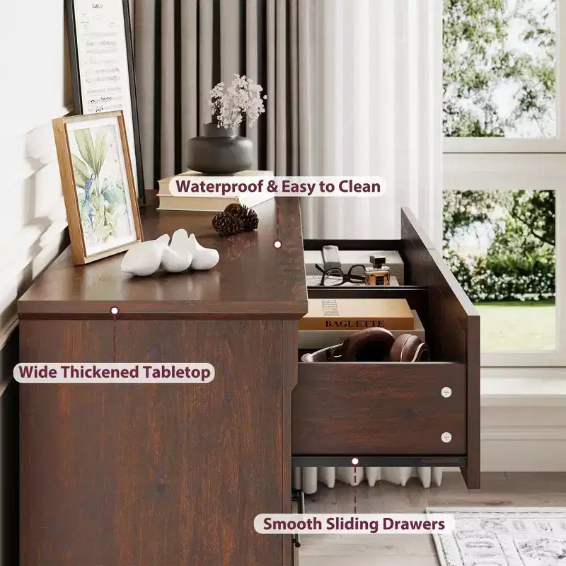 Commode marron à 6 tiroirs pour chambre à coucher, grande commode double de style fermier avec poignées en métal, commode rustique en bois pour salon, couloir