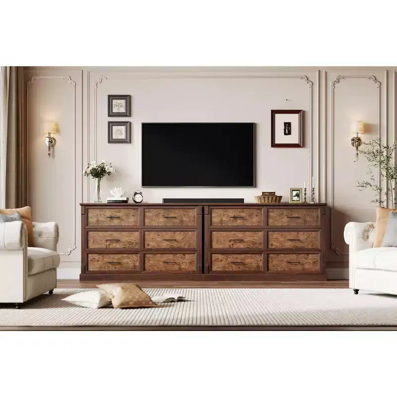 Commode marron à 6 tiroirs pour chambre à coucher, grande commode double de style fermier avec poignées en métal, commode rustique en bois pour salon, couloir