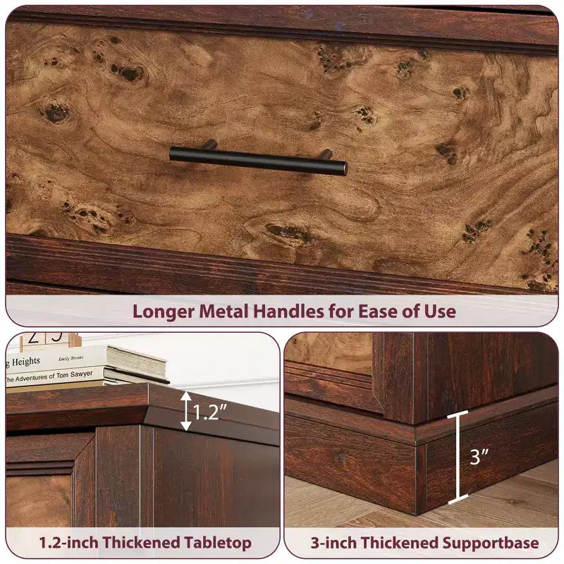 Commode marron à 6 tiroirs pour chambre à coucher, grande commode double de style fermier avec poignées en métal, commode rustique en bois pour salon, couloir
