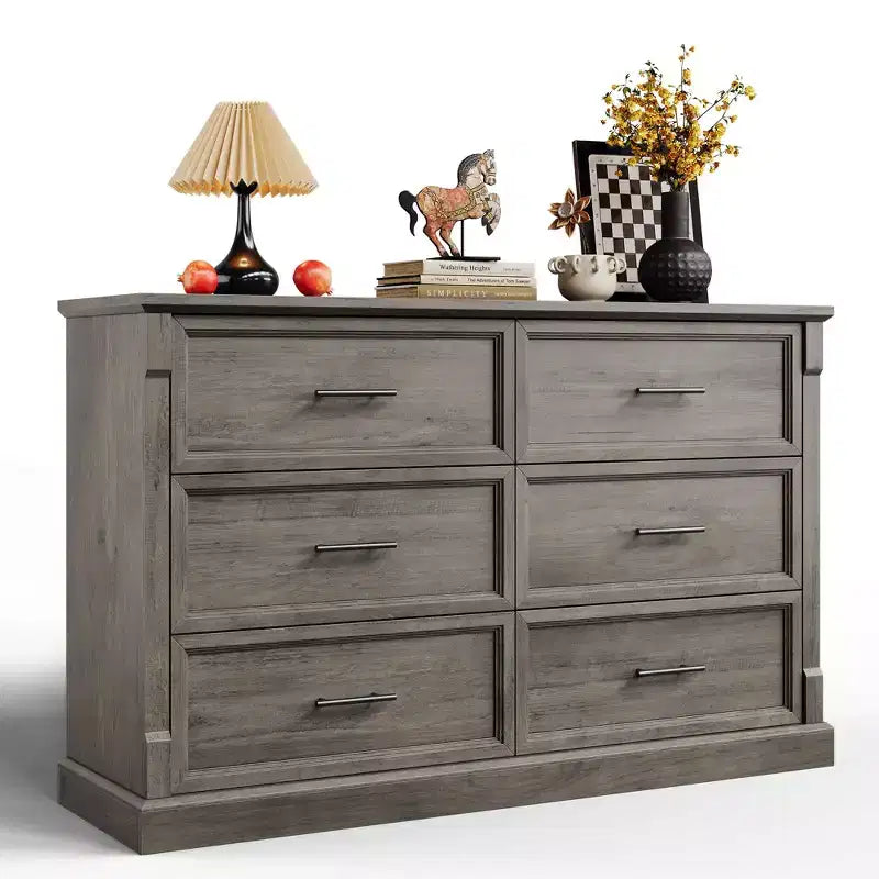 Commode marron à 6 tiroirs pour chambre à coucher, grande commode double de style fermier avec poignées en métal, commode rustique en bois pour salon, couloir