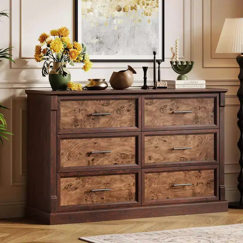 Brown 6 Drawer Dresser for Bedroom, Farmhouse Large Double Chest of Drawers with Metal Handles, Rustic Wooden Dresser for Living Room, Hallway