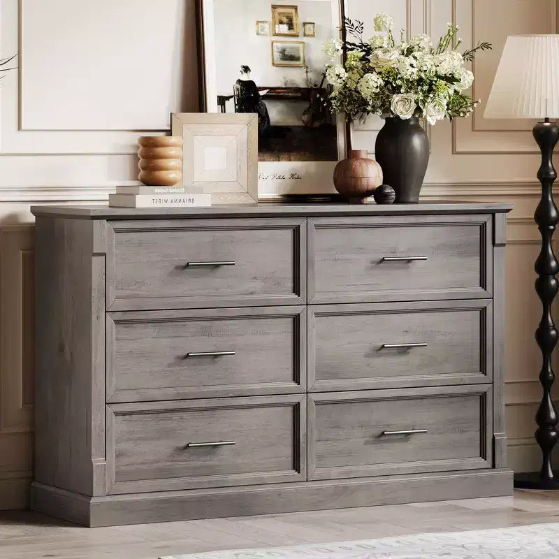 Commode marron à 6 tiroirs pour chambre à coucher, grande commode double de style fermier avec poignées en métal, commode rustique en bois pour salon, couloir