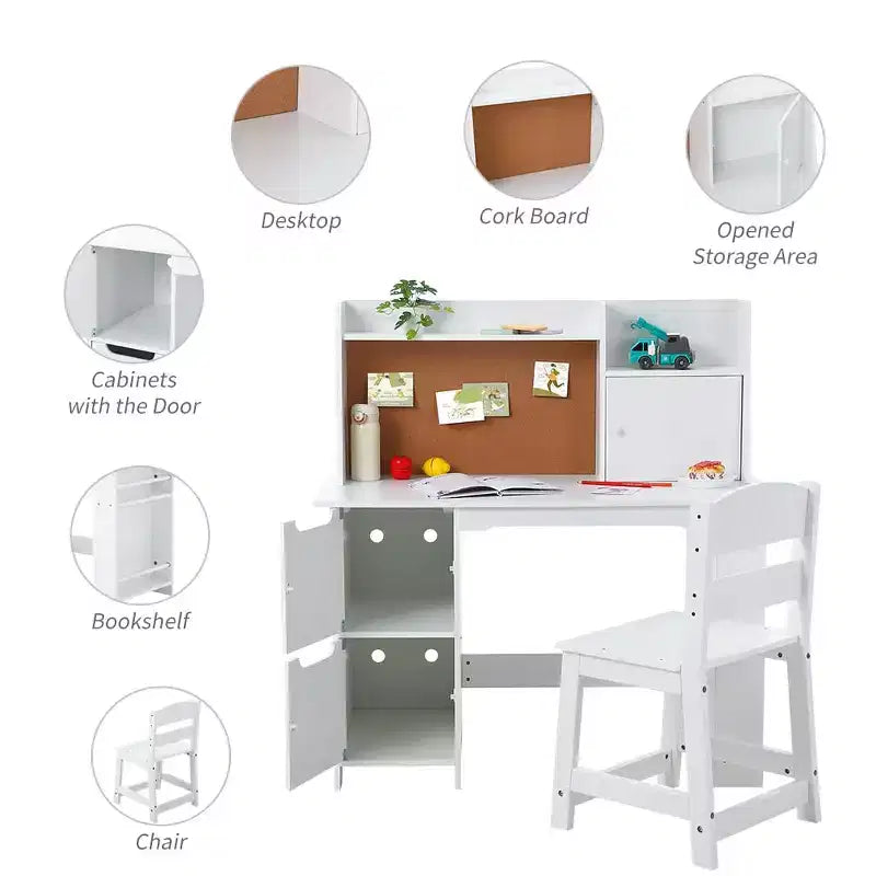 Chaise de bureau pour enfants avec huche, table d'étude en bois avec étagère, rangement et tableau en liège, bureau d'écriture pour enfants pour l'école à la maison, blanc