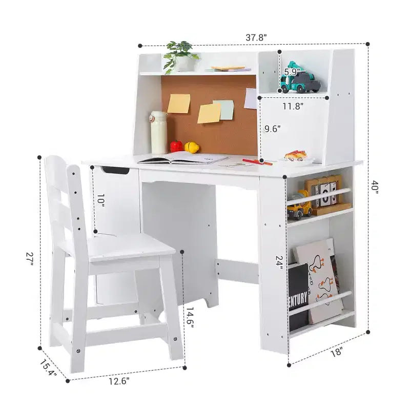 Chaise de bureau pour enfants avec huche, table d'étude en bois avec étagère, rangement et tableau en liège, bureau d'écriture pour enfants pour l'école à la maison, blanc