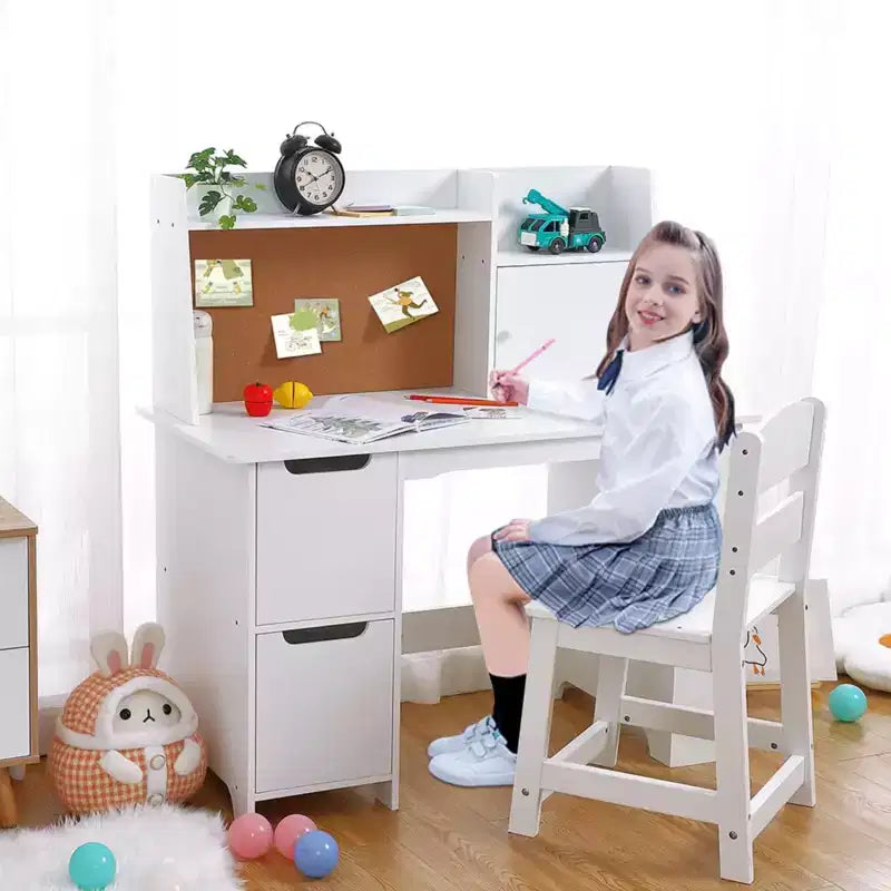 Chaise de bureau pour enfants avec huche, table d'étude en bois avec étagère, rangement et tableau en liège, bureau d'écriture pour enfants pour l'école à la maison, blanc