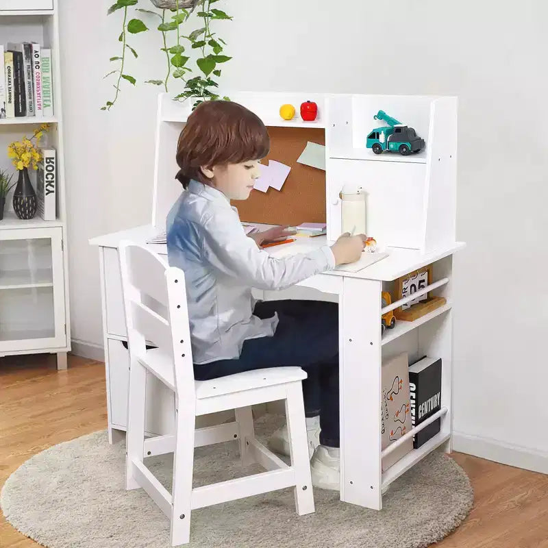 Chaise de bureau pour enfants avec huche, table d'étude en bois avec étagère, rangement et tableau en liège, bureau d'écriture pour enfants pour l'école à la maison, blanc