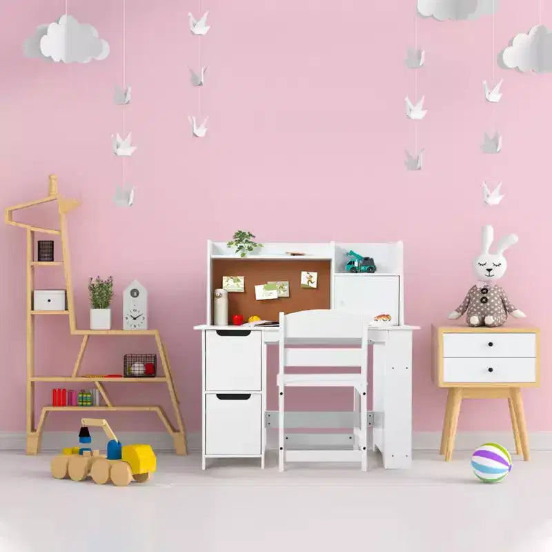 Chaise de bureau pour enfants avec huche, table d'étude en bois avec étagère, rangement et tableau en liège, bureau d'écriture pour enfants pour l'école à la maison, blanc