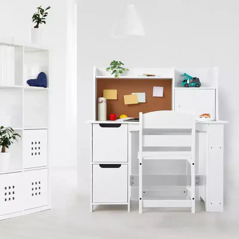 Chaise de bureau pour enfants avec huche, table d'étude en bois avec étagère, rangement et tableau en liège, bureau d'écriture pour enfants pour l'école à la maison, blanc