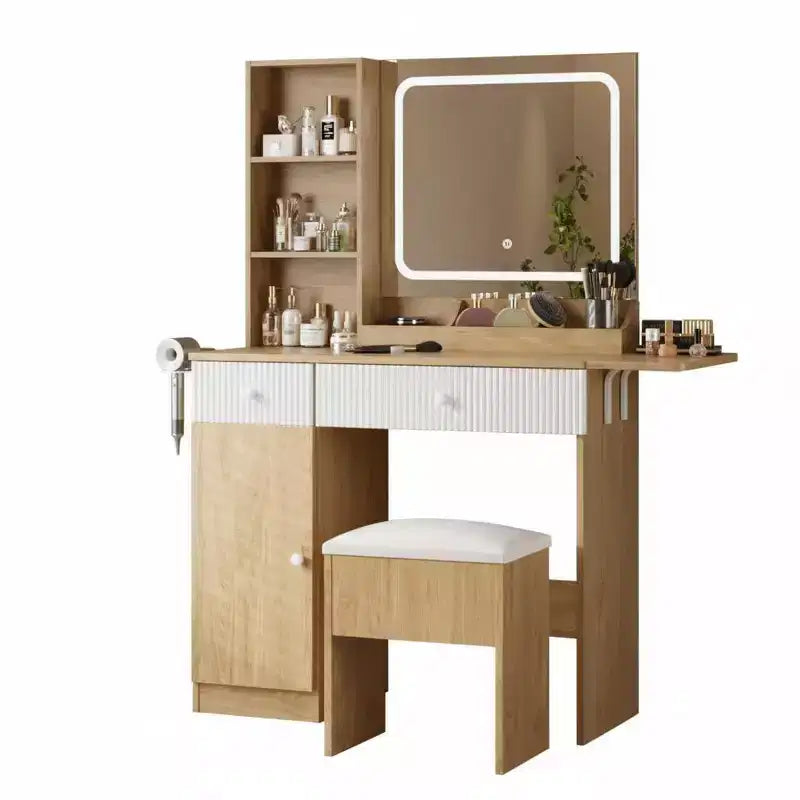 GustoWave Vanity Desk with Mirror, Foldable Panel, Storage Chair, Drawer & Shelves, Compact Dressing Table Set for Bedroom, Natural Wood