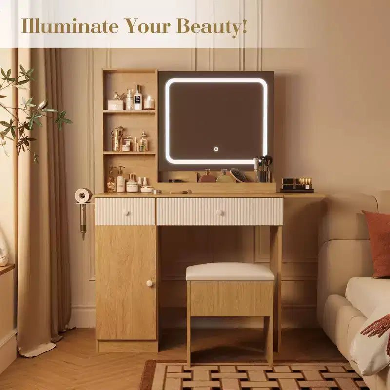 Coiffeuse avec miroir, panneau pliable, chaise de rangement, tiroir et étagères, table de maquillage compacte pour chambre, bois naturel