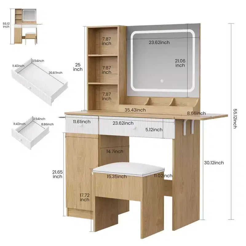 Coiffeuse avec miroir, panneau pliable, chaise de rangement, tiroir et étagères, table de maquillage compacte pour chambre, bois naturel