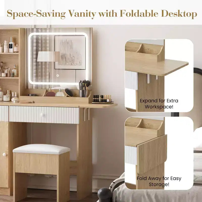 Coiffeuse avec miroir, panneau pliable, chaise de rangement, tiroir et étagères, table de maquillage compacte pour chambre, bois naturel