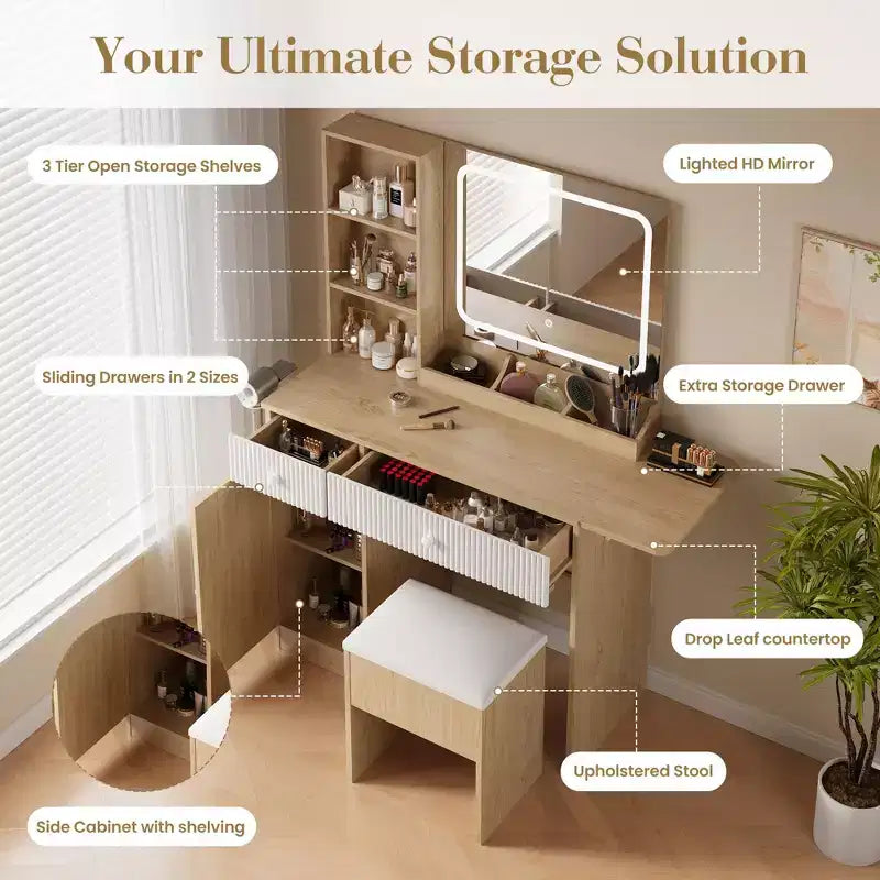 Coiffeuse avec miroir, panneau pliable, chaise de rangement, tiroir et étagères, table de maquillage compacte pour chambre, bois naturel