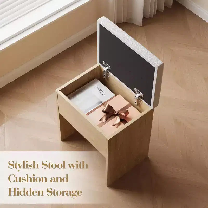 Coiffeuse avec miroir, panneau pliable, chaise de rangement, tiroir et étagères, table de maquillage compacte pour chambre, bois naturel