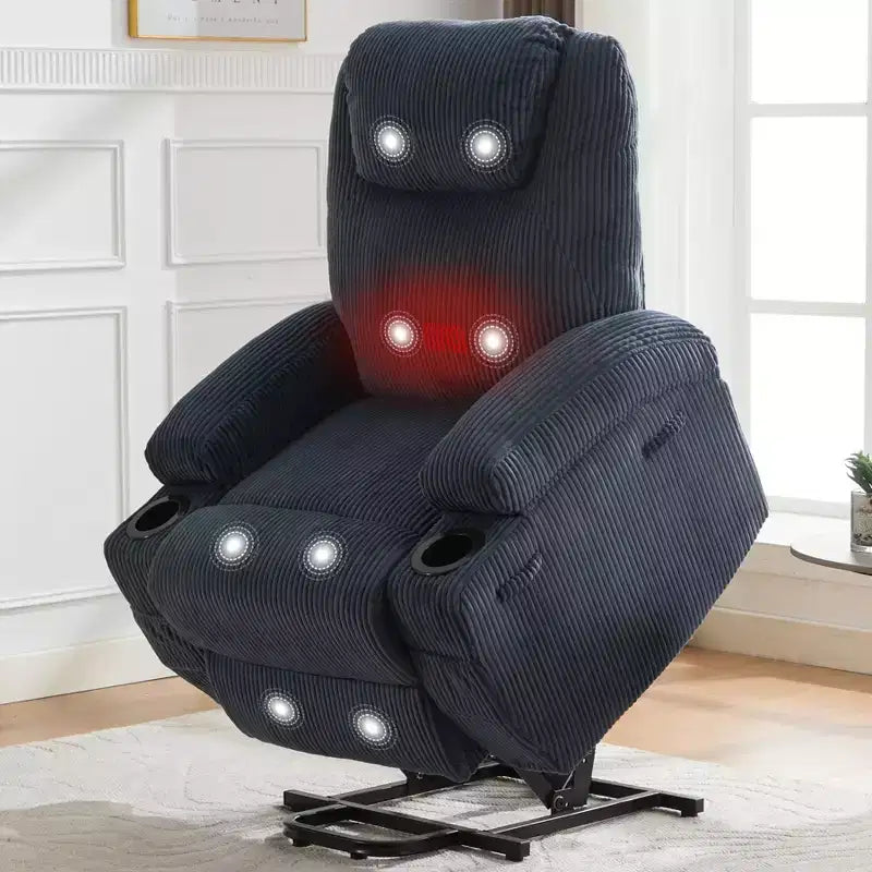 Electric Lift Recliner with Massage & Heat, 155 Adjustable Corduroy Sofa, Stand Assist, Side Pockets & Cup Holders for Elderly, Grey