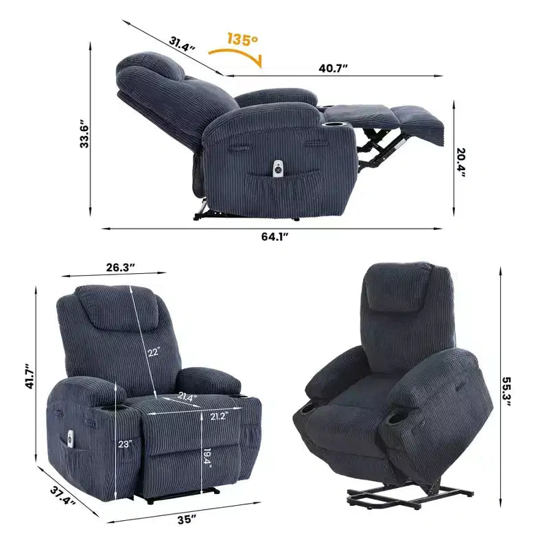 Fauteuil inclinable électrique avec massage et chauffage, canapé en velours côtelé réglable à 155°, aide à la levée, poches latérales et porte-gobelets pour personnes âgées, gris