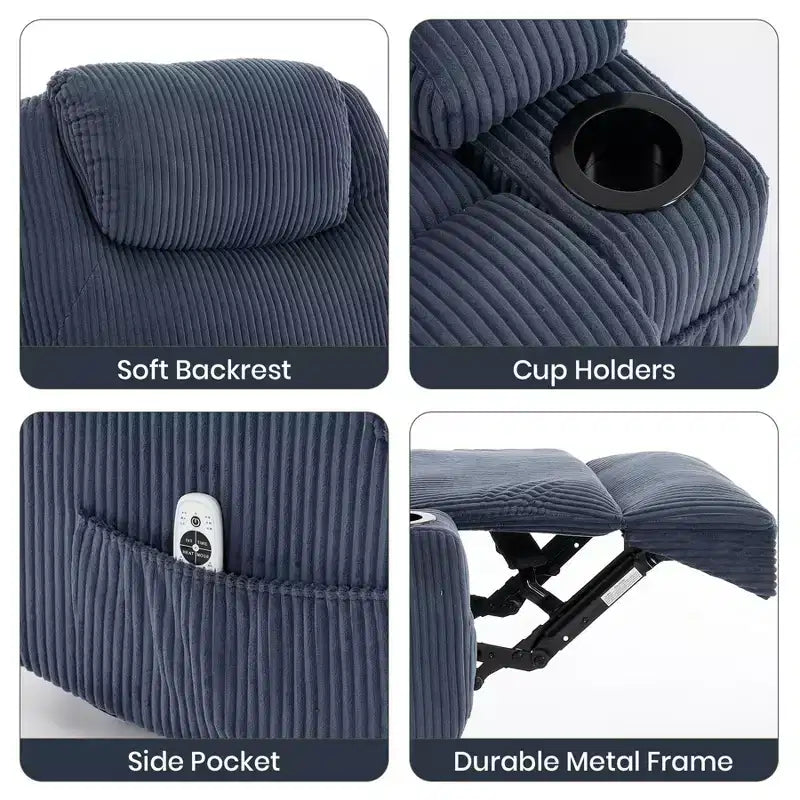Fauteuil inclinable électrique avec massage et chauffage, canapé en velours côtelé réglable à 155°, aide à la levée, poches latérales et porte-gobelets pour personnes âgées, gris