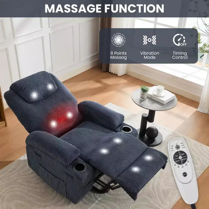 Fauteuil inclinable électrique avec massage et chauffage, canapé en velours côtelé réglable à 155°, aide à la levée, poches latérales et porte-gobelets pour personnes âgées, gris