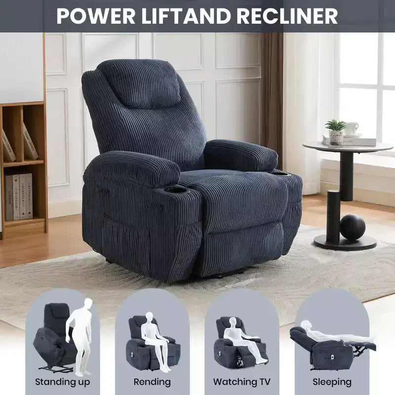 Fauteuil inclinable électrique avec massage et chauffage, canapé en velours côtelé réglable à 155°, aide à la levée, poches latérales et porte-gobelets pour personnes âgées, gris