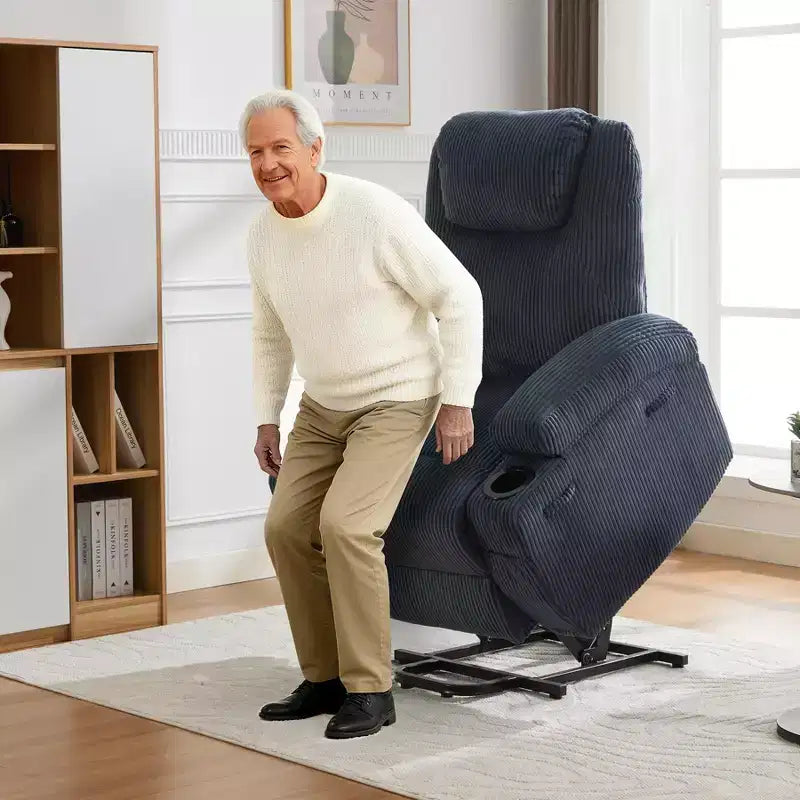 Fauteuil inclinable électrique avec massage et chauffage, canapé en velours côtelé réglable à 155°, aide à la levée, poches latérales et porte-gobelets pour personnes âgées, gris