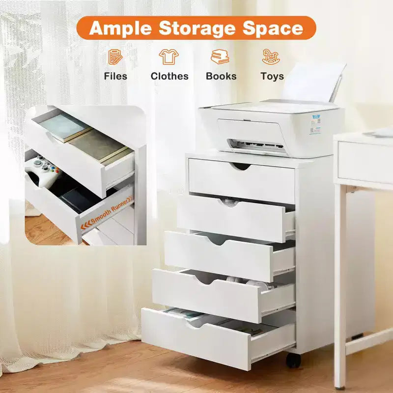 Classeur mobile à 5/7 tiroirs, Organisateur de rangement moderne sous le bureau pour le bureau et la maison, Tiroirs en bois naturel lisses et silencieux