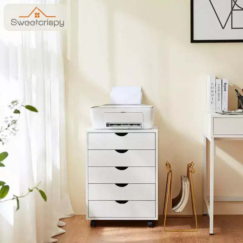 Classeur mobile à 5/7 tiroirs, Organisateur de rangement moderne sous le bureau pour le bureau et la maison, Tiroirs en bois naturel lisses et silencieux