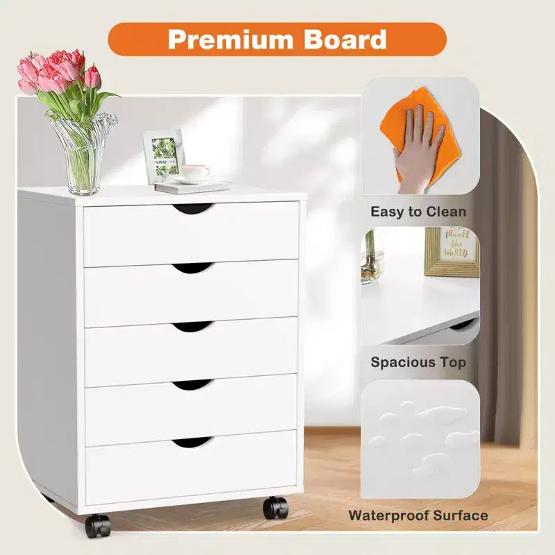 Classeur mobile à 5/7 tiroirs, Organisateur de rangement moderne sous le bureau pour le bureau et la maison, Tiroirs en bois naturel lisses et silencieux