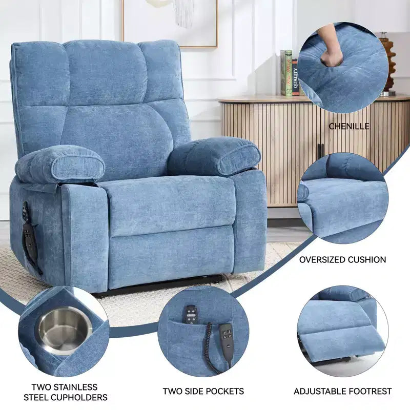 Fauteuils inclinables électriques releveurs à double moteur et position infinie en chenille beige avec massage thermique, jusqu'à 158 kg, avec porte-gobelets cachés