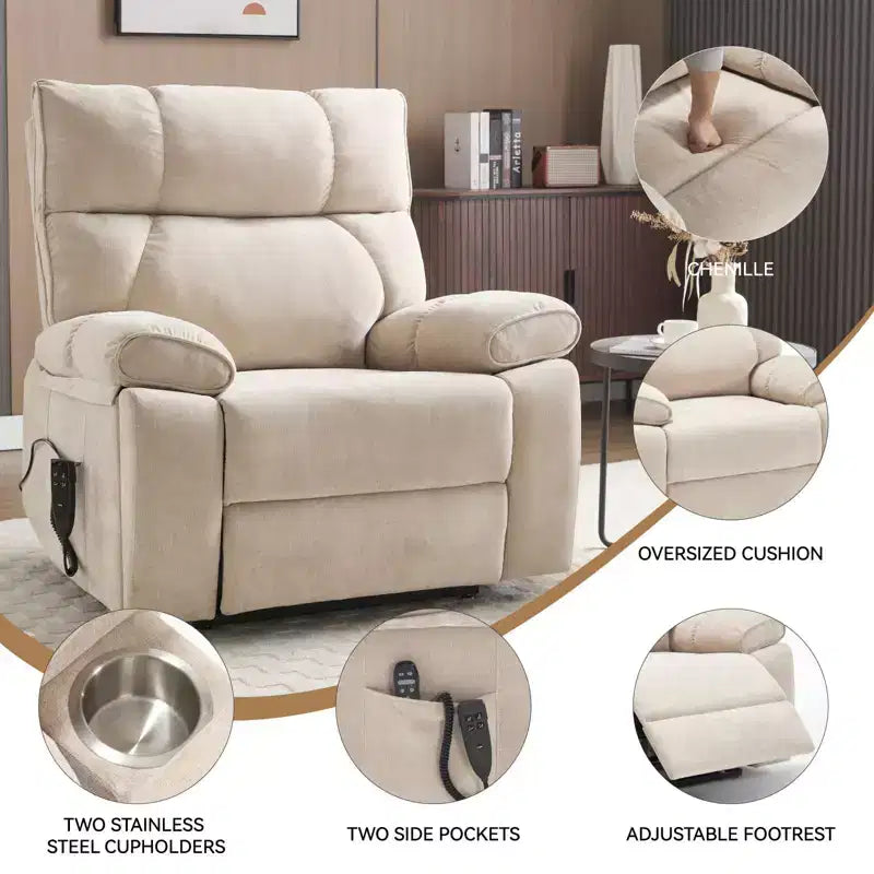 Fauteuils inclinables électriques releveurs à double moteur et position infinie en chenille beige avec massage thermique, jusqu'à 158 kg, avec porte-gobelets cachés