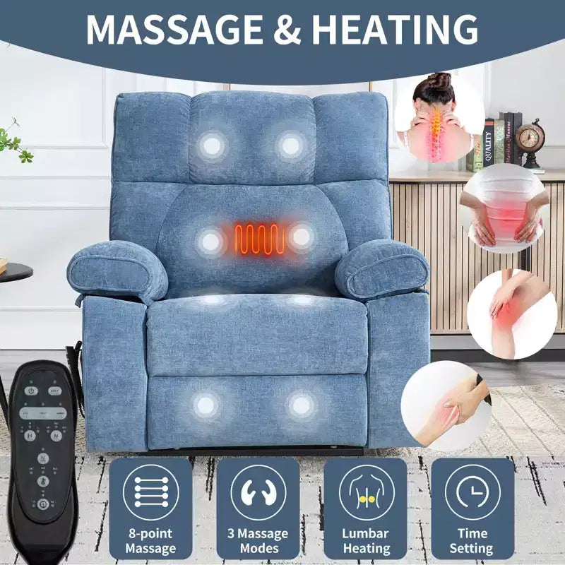 Fauteuils inclinables électriques releveurs à double moteur et position infinie en chenille beige avec massage thermique, jusqu'à 158 kg, avec porte-gobelets cachés