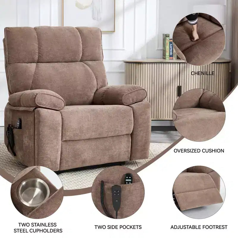 Fauteuils inclinables électriques releveurs à double moteur et position infinie en chenille beige avec massage thermique, jusqu'à 158 kg, avec porte-gobelets cachés