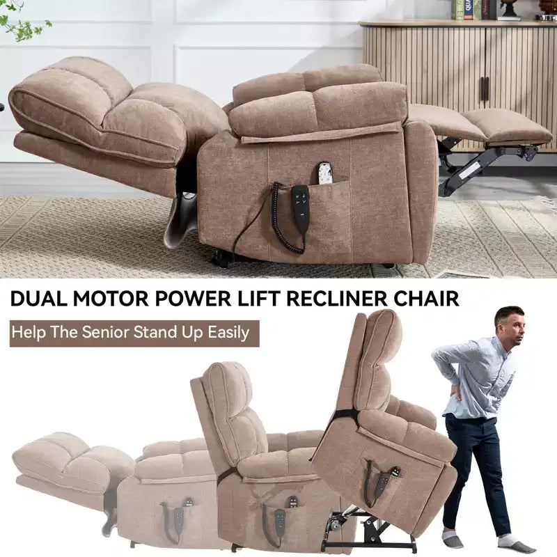 Fauteuils inclinables électriques releveurs à double moteur et position infinie en chenille beige avec massage thermique, jusqu'à 158 kg, avec porte-gobelets cachés