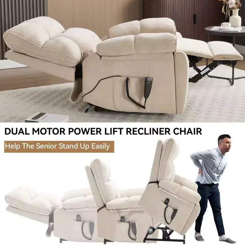 Fauteuils inclinables électriques releveurs à double moteur et position infinie en chenille beige avec massage thermique, jusqu'à 158 kg, avec porte-gobelets cachés