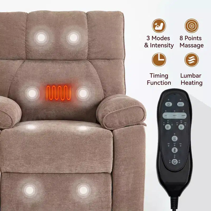 Fauteuils inclinables électriques releveurs à double moteur et position infinie en chenille beige avec massage thermique, jusqu'à 158 kg, avec porte-gobelets cachés