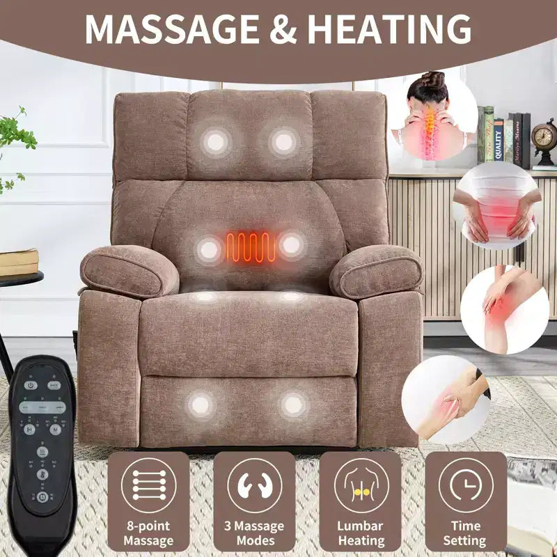 Fauteuils inclinables électriques releveurs à double moteur et position infinie en chenille beige avec massage thermique, jusqu'à 158 kg, avec porte-gobelets cachés