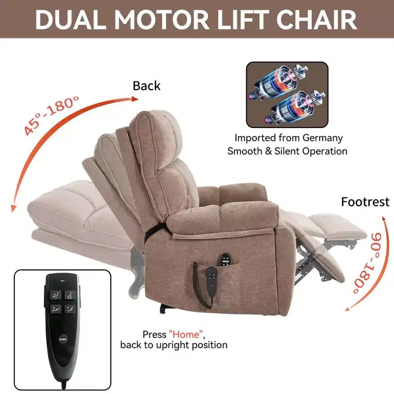 Fauteuils inclinables électriques releveurs à double moteur et position infinie en chenille beige avec massage thermique, jusqu'à 158 kg, avec porte-gobelets cachés