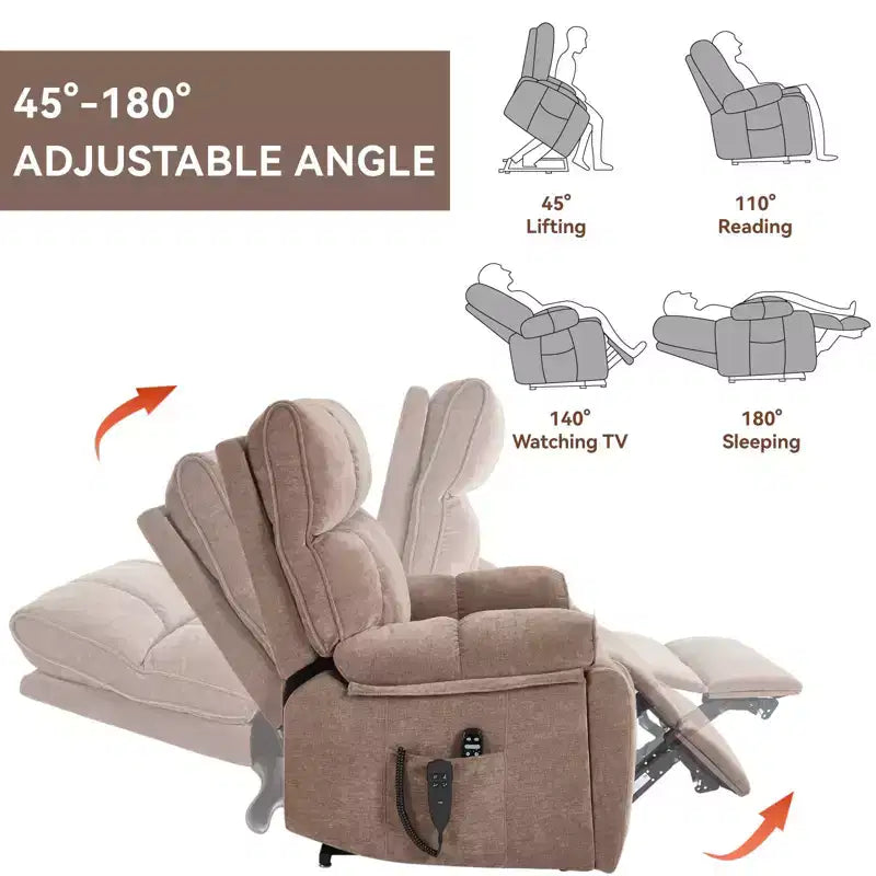 Fauteuils inclinables électriques releveurs à double moteur et position infinie en chenille beige avec massage thermique, jusqu'à 158 kg, avec porte-gobelets cachés