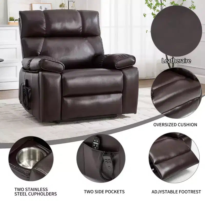 Fauteuils inclinables électriques releveurs à double moteur et position infinie en chenille beige avec massage thermique, jusqu'à 158 kg, avec porte-gobelets cachés