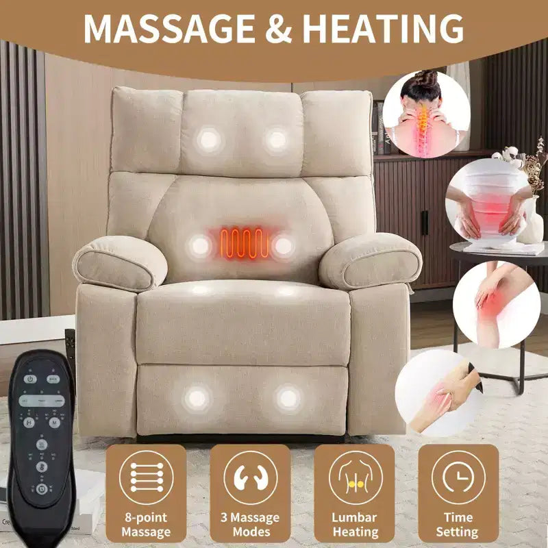 Fauteuils inclinables électriques releveurs à double moteur et position infinie en chenille beige avec massage thermique, jusqu'à 158 kg, avec porte-gobelets cachés