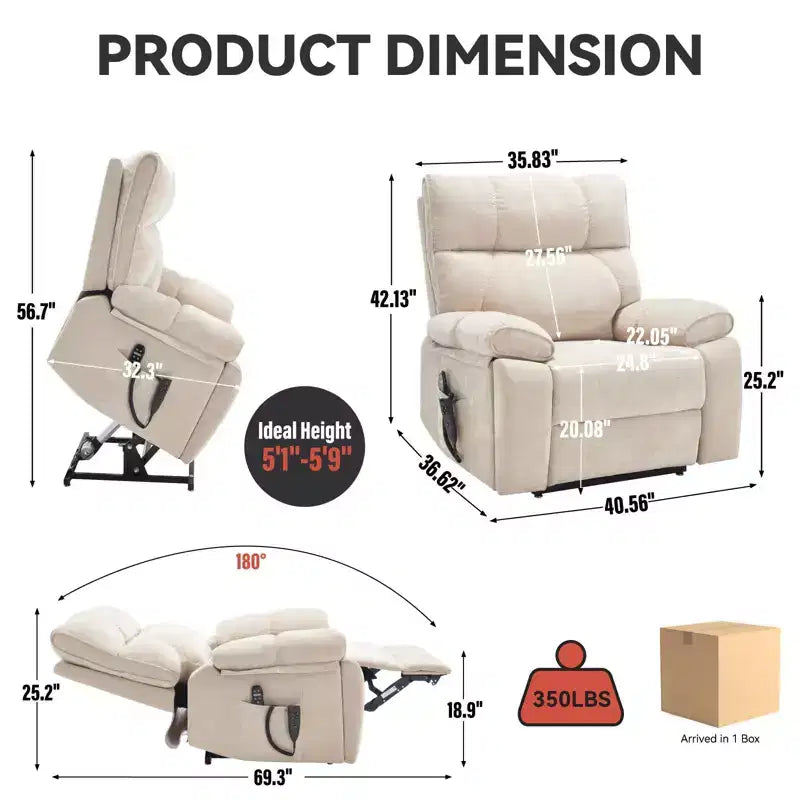 Fauteuils inclinables électriques releveurs à double moteur et position infinie en chenille beige avec massage thermique, jusqu'à 158 kg, avec porte-gobelets cachés