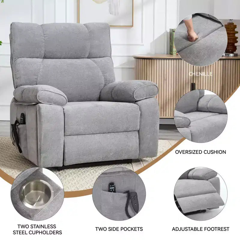 Fauteuils inclinables électriques releveurs à double moteur et position infinie en chenille beige avec massage thermique, jusqu'à 158 kg, avec porte-gobelets cachés