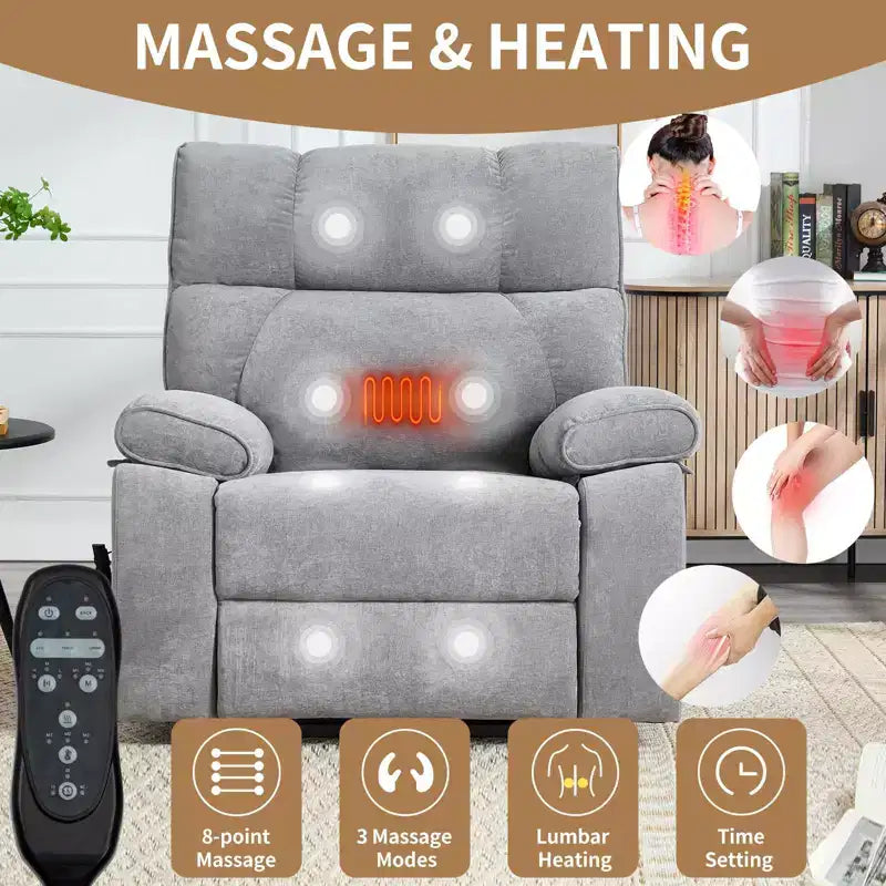 Fauteuils inclinables électriques releveurs à double moteur et position infinie en chenille beige avec massage thermique, jusqu'à 158 kg, avec porte-gobelets cachés
