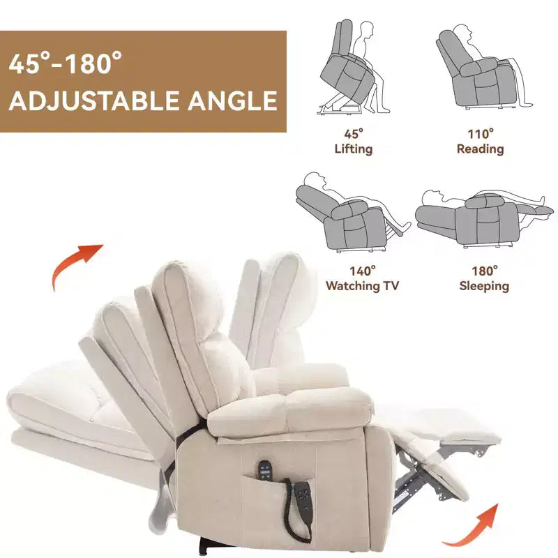 Fauteuils inclinables électriques releveurs à double moteur et position infinie en chenille beige avec massage thermique, jusqu'à 158 kg, avec porte-gobelets cachés